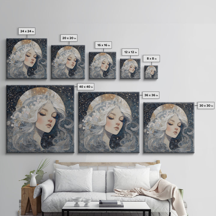 Moon Goddess with Flowing Hair and Constellations Canvas Print, Astrology Art, Celestial Wall Art, Living Room Decor, Zodiac, AST-1x1-27