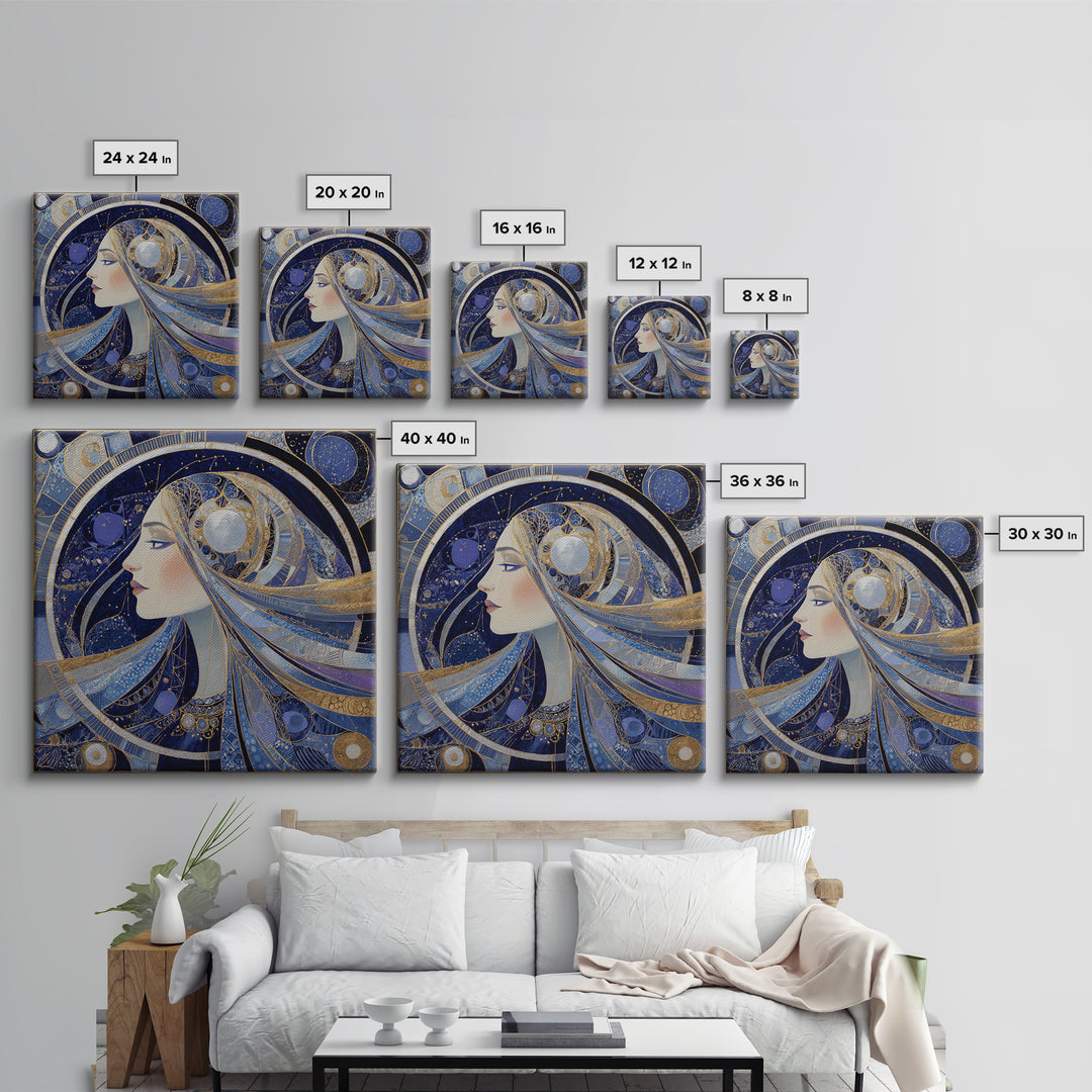 Moon Goddess with Flowing Hair and Constellations Canvas Print, Astrology Art, Boho Decor, Living Room Decor, Fine Art, Zodiac, AST-1x1-3
