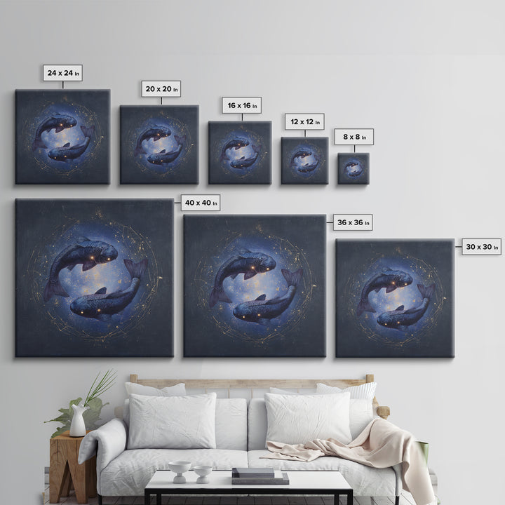 Cosmic Fish Pair Circling a Moonlit Pool Framed Canvas Print, Astrology Art, Dtf Print, Living Room Decor, Fine Art, Zodiac, AST-1x1-47