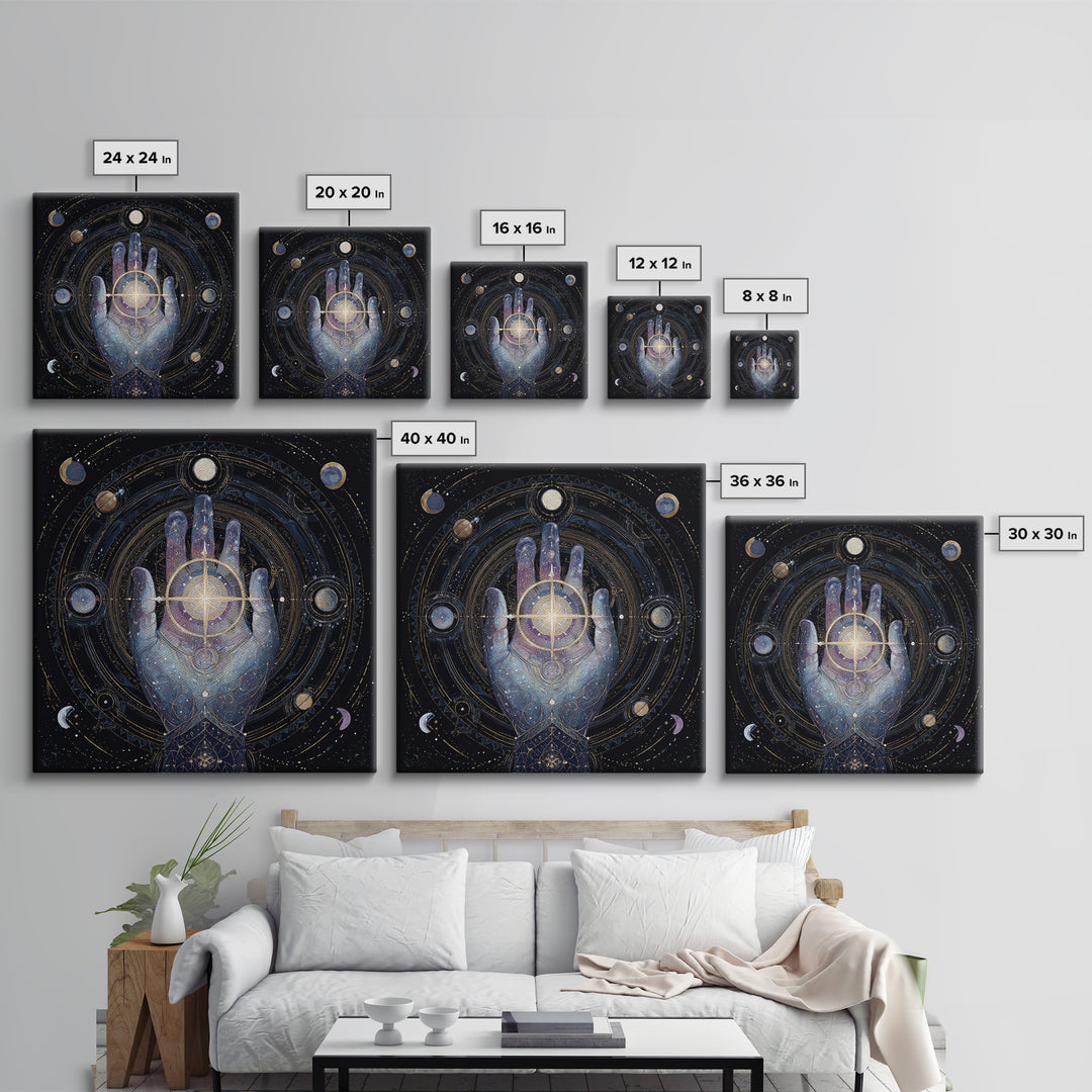 Tarot Cosmic Hand Holding a Glowing Star Framed Canvas Print, Astrology Art, Fine Art Print, Living Room Decor, Zodiac, AST-1x1-78