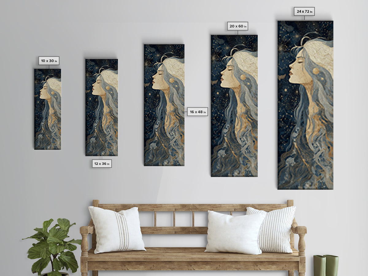 Moon Goddess with Flowing Hair and Constellations Framed Canvas Print, Astrology Art, Boho Decor, Living Room Decor, Zodiac, AST-1x3-15