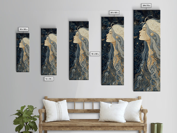 Moon Goddess with Flowing Hair and Constellations Framed Canvas Print, Astrology Art, Boho Decor, Living Room Decor, Zodiac, AST-1x3-15