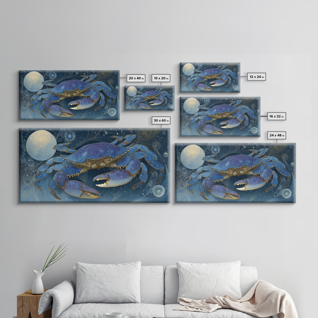 Celestial Crab under Glowing Ocean Moonlight Framed Canvas Print, Astrology Art, Room Decor, Living Room Decor, Zodiac, AST-2x1-12