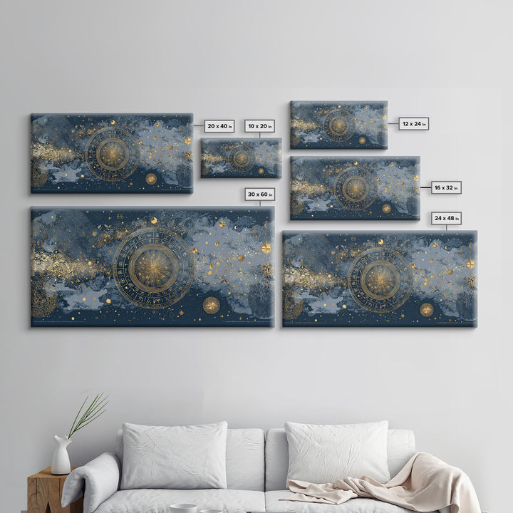 Gold Zodiac Wheel on Deep Midnight Blue Canvas Print, Astrology Art, Digital Wall Art, Living Room Decor, Oil Painting, Zodiac, AST-2x1-21