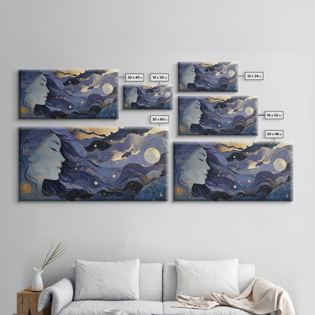 Moon Goddess with Flowing Hair and Constellations Framed Canvas Print, Astrology Art, Astrology, Living Room Decor, Zodiac, AST-2x1-23