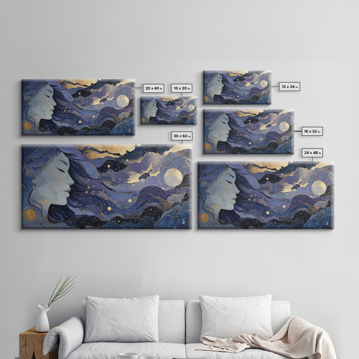 Moon Goddess with Flowing Hair and Constellations Framed Canvas Print, Astrology Art, Astrology, Living Room Decor, Zodiac, AST-2x1-23