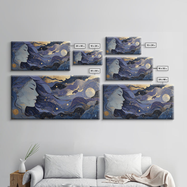 Moon Goddess with Flowing Hair and Constellations Framed Canvas Print, Astrology Art, Astrology, Living Room Decor, Zodiac, AST-2x1-23