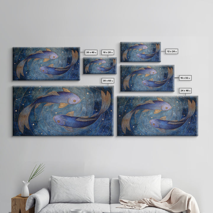 Cosmic Fish Pair Circling a Moonlit Pool Framed Canvas Print, Astrology Art, Art Nouveau, Living Room Decor, Fine Art, Zodiac, AST-2x1-43