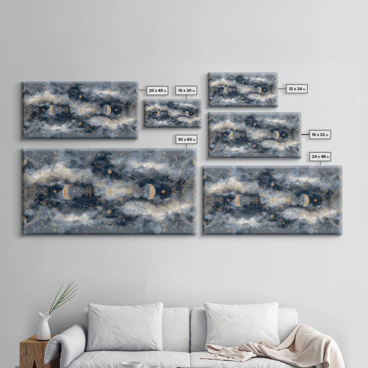 Celestial Twins Surrounded by Mirrored Moons Canvas Print, Astrology Art, Astrology Gifts, Living Room Decor, Oil Painting, AST-2x1-77