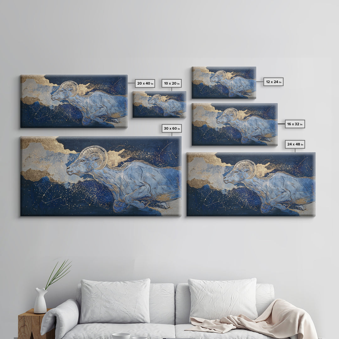 Capricorn Sea Goat Emerging from Cosmic Waves Framed Canvas Print, Astrology Art, Zodiac Sign Print, Living Room Decor, Zodiac, AST-2x1-87