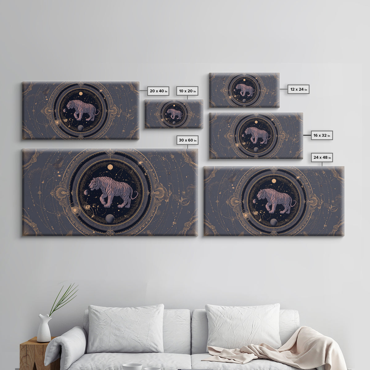 Twelve Zodiac Animals Arranged Framed Canvas Print, Astrology Art, Zodiac Sign Wall Art, Living Room Decor, Oil Painting, AST-2x1-96