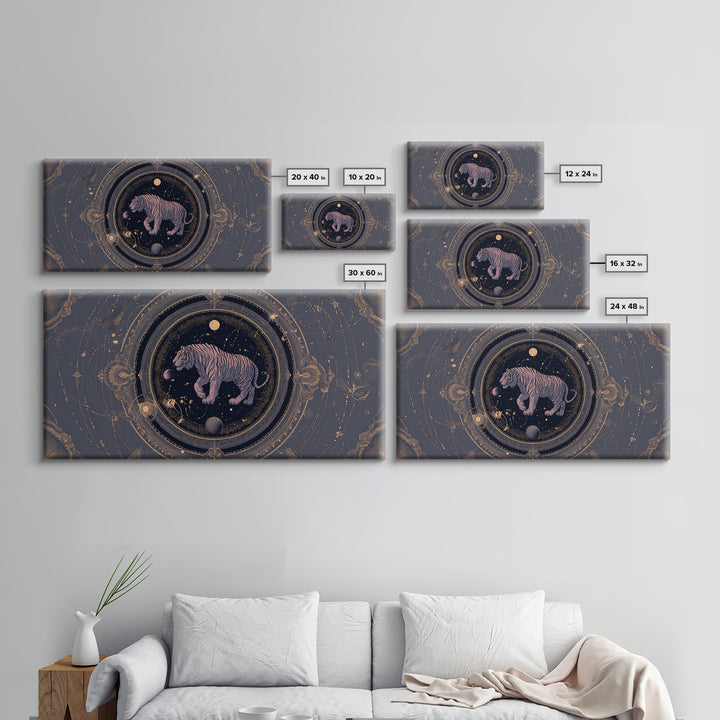 Twelve Zodiac Animals Arranged Framed Canvas Print, Astrology Art, Zodiac Sign Wall Art, Living Room Decor, Oil Painting, AST-2x1-96