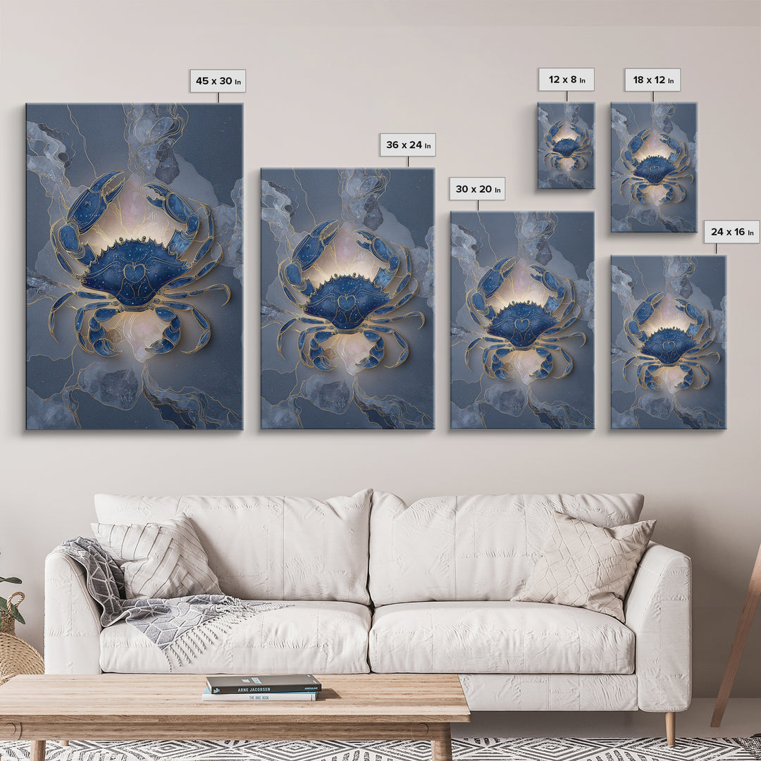 Celestial Crab under Glowing Ocean Moonlight Framed Canvas Print, Astrology Art, Neutral Decor, Living Room Decor, Zodiac, AST-2x3-24