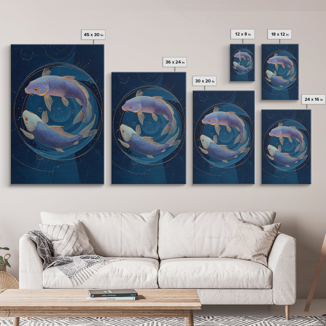 Cosmic Fish Pair Circling a Moonlit Pool Canvas Print, Astrology Art, Poster, Living Room Decor, Zodiac, Astrology Gifts, AST-2x3-31
