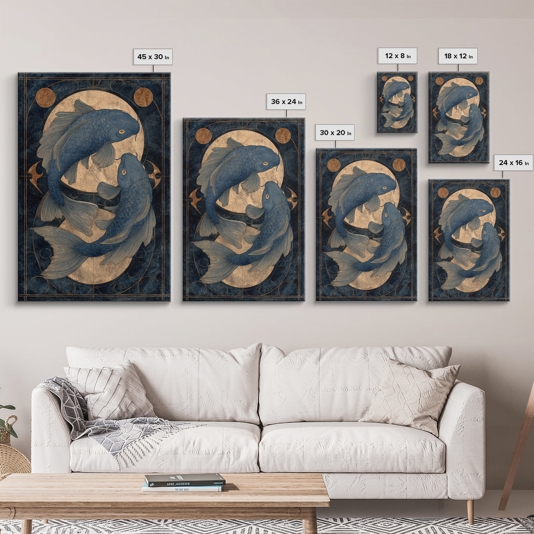 Cosmic Fish Pair Circling a Moonlit Pool Framed Canvas Print, Astrology Art, Art Nouveau, Living Room Decor, Fine Art, Zodiac, AST-2x3-55
