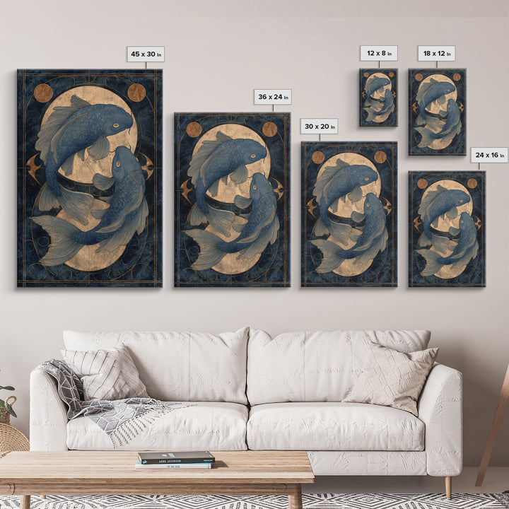 Cosmic Fish Pair Circling a Moonlit Pool Framed Canvas Print, Astrology Art, Art Nouveau, Living Room Decor, Fine Art, Zodiac, AST-2x3-55