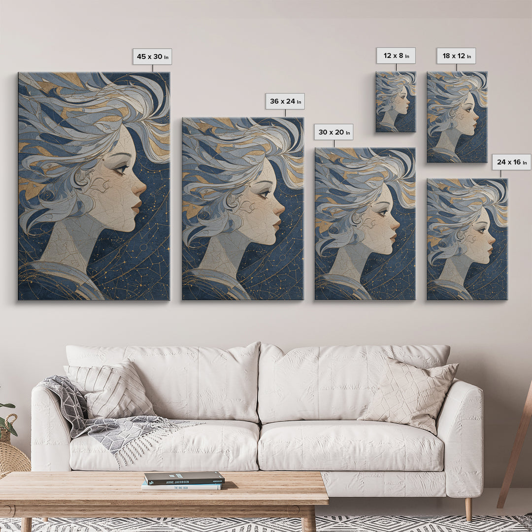 Moon Goddess with Flowing Hair and Constellations Canvas Print, Astrology Art, Astrology Gifts, Living Room Decor, Zodiac, AST-2x3-59
