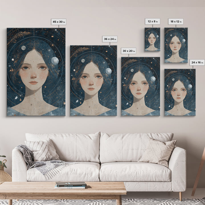 Virgo Maiden with Wheat and Blue Night Framed Canvas Print, Astrology Art, Astrology, Living Room Decor, Watercolor Art, Zodiac, AST-2x3-74