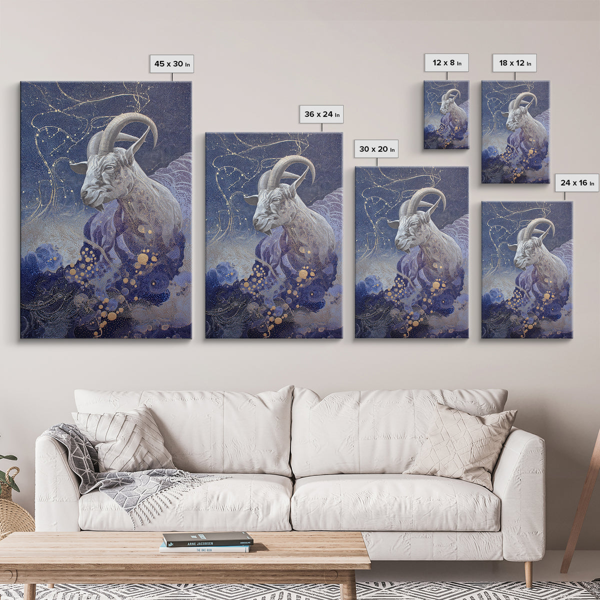 Capricorn Sea Goat Emerging from Cosmic Waves Framed Canvas Print, Astrology Art, Psychedelic Art, Living Room Decor, Zodiac, AST-2x3-75