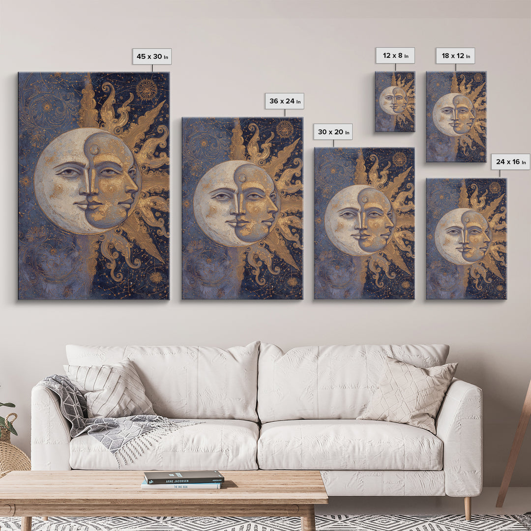 Sun and Moon Faces Framed Canvas Print, Astrology Art, Giclee Print, Living Room Decor, Fine Art, Zodiac, Fine Art Print, AST-2x3-85