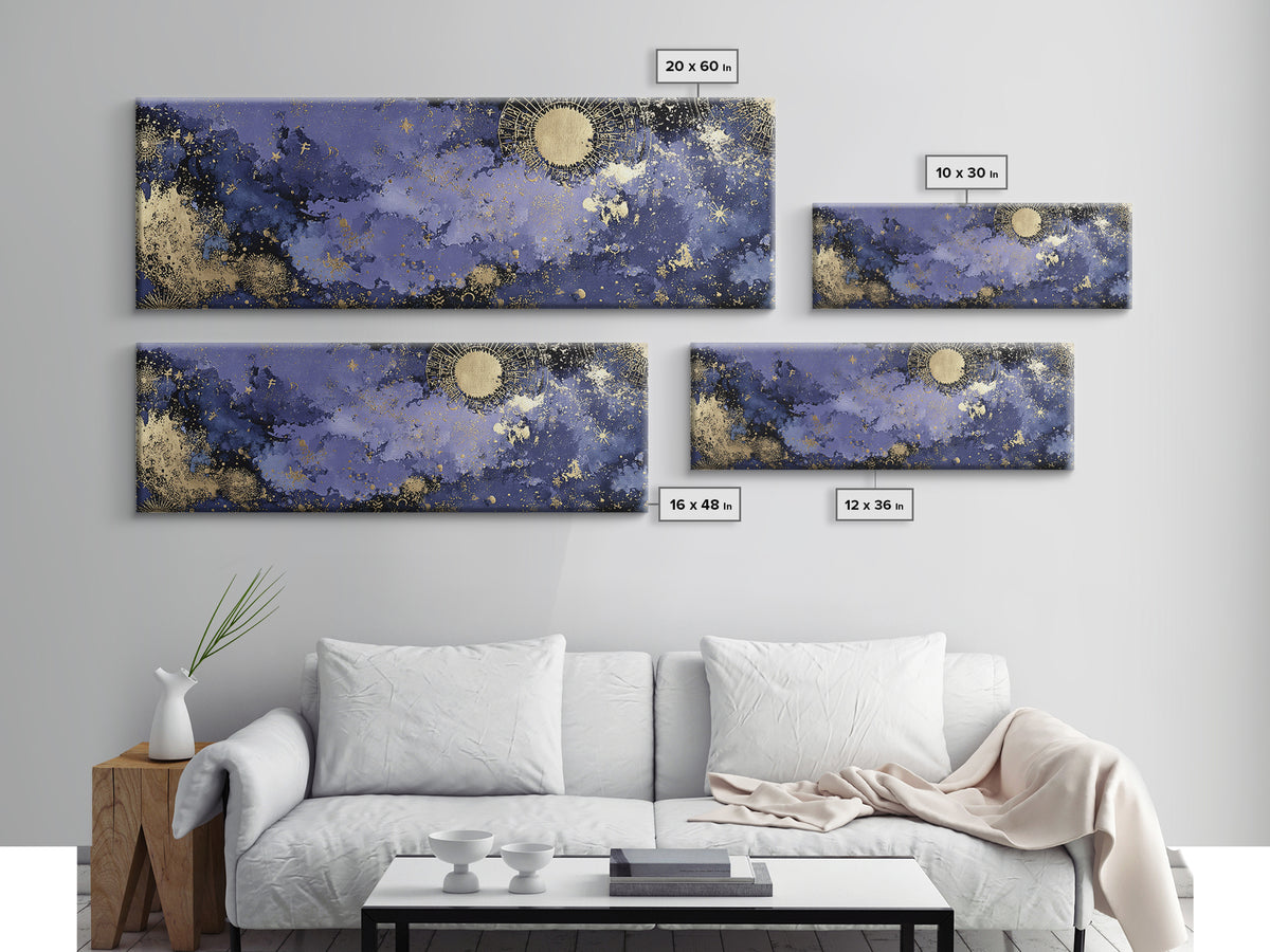 Gold Zodiac Wheel on Deep Midnight Blue Framed Canvas Print, Astrology Art, Zodiac Sign Print, Living Room Decor, Zodiac, AST-3x1-17