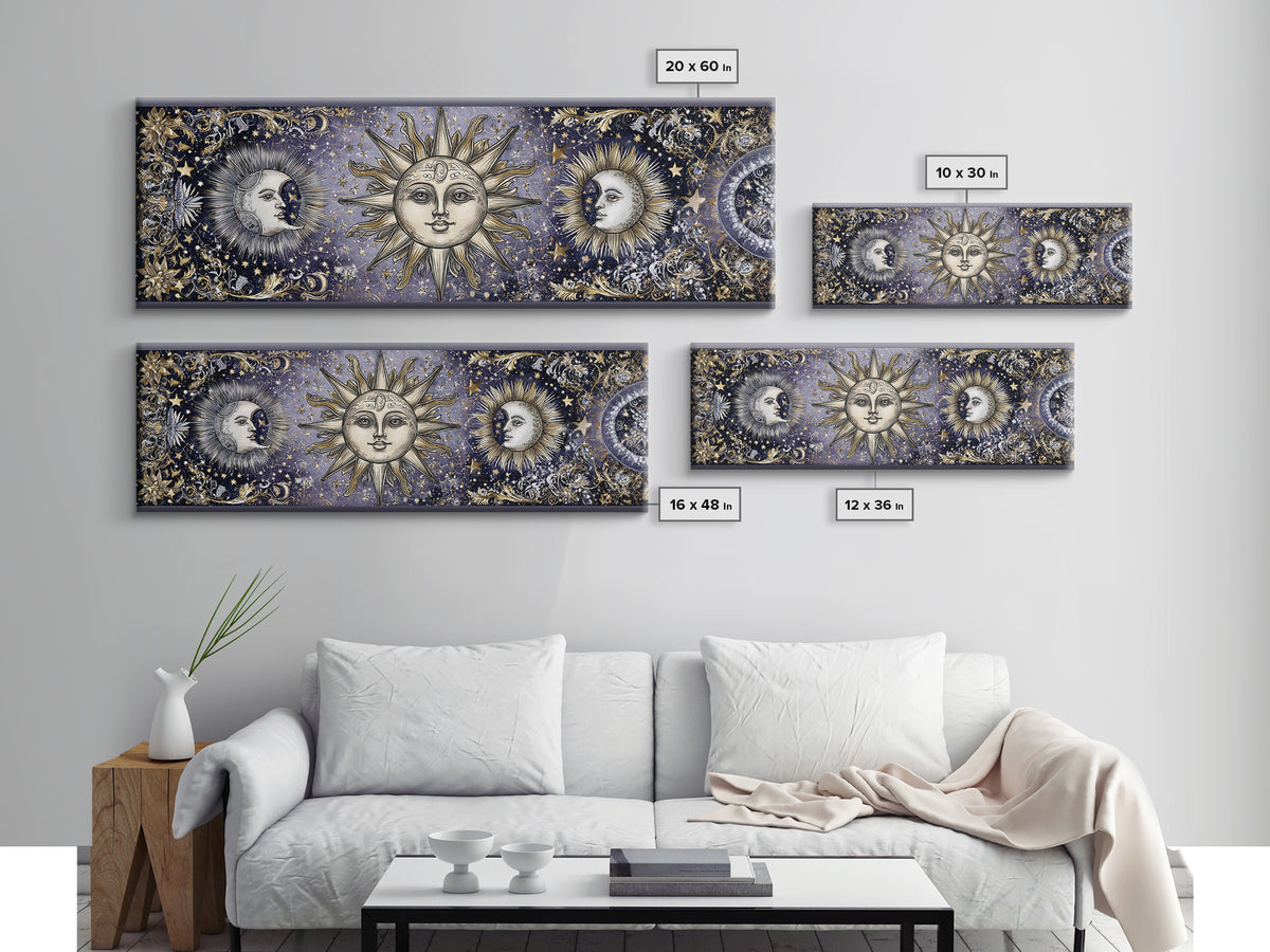Sun and Moon Faces Canvas Print, Astrology Art, Zodiac Wall Art, Living Room Decor, Fine Art, Zodiac, Luxury Decor, AST-3x1-45