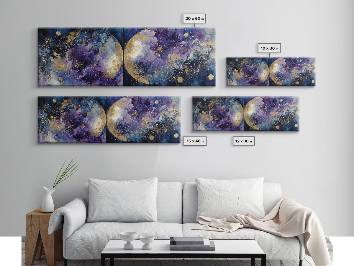 Celestial Twins Surrounded by Mirrored Moons Framed Canvas Print, Astrology Art, Wall Decor, Living Room Decor, Zodiac, AST-3x1-73
