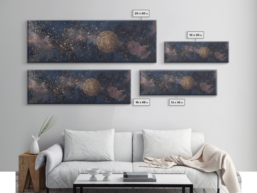 Gold Zodiac Wheel on Deep Midnight Blue Framed Canvas Print, Astrology Art, Statement Artwork, Living Room Decor, Oil Painting, AST-3x1-89