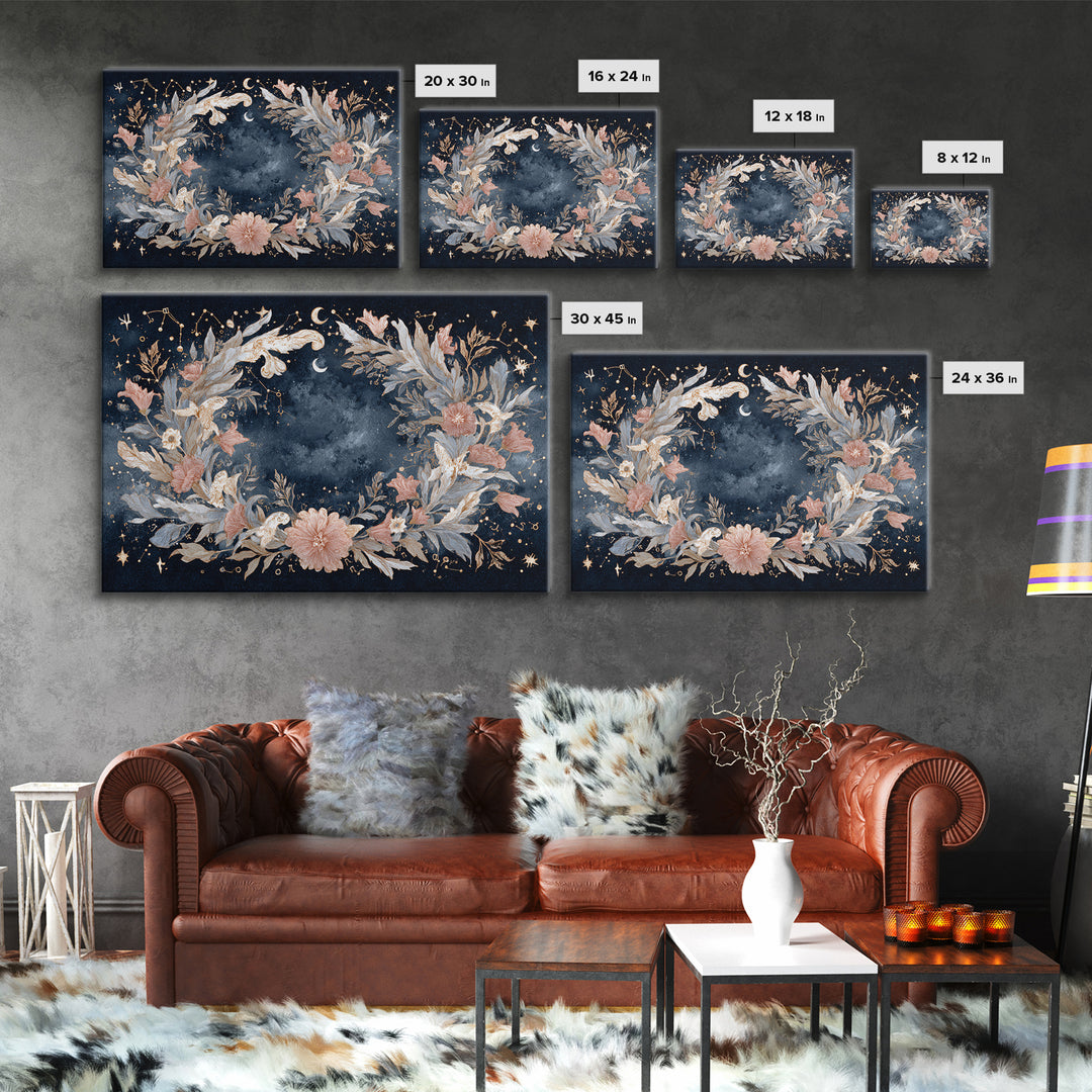 Astrological Botanical Wreath Framed Canvas Print, Astrology Art, Astronomy Art, Living Room Decor, Watercolor Art, Zodiac, AST-3x2-15