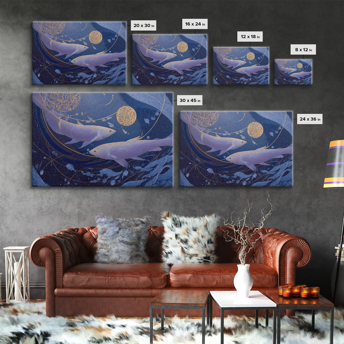 Cosmic Fish Pair Circling a Moonlit Pool Canvas Print, Astrology Art, Zodiac Wall Art, Living Room Decor, Fine Art, Zodiac, AST-3x2-3