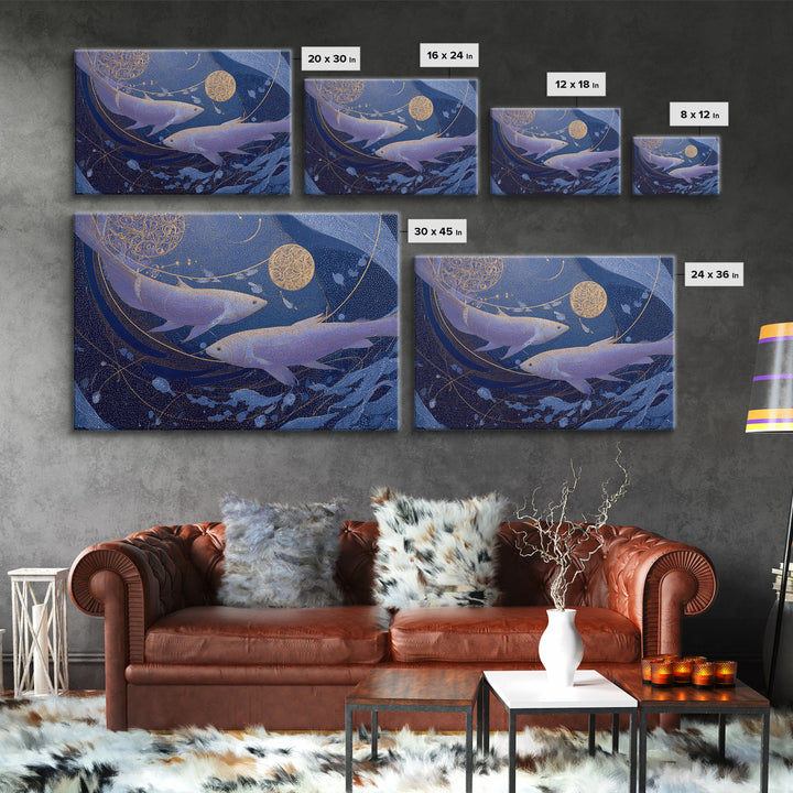 Cosmic Fish Pair Circling a Moonlit Pool Canvas Print, Astrology Art, Zodiac Wall Art, Living Room Decor, Fine Art, Zodiac, AST-3x2-3