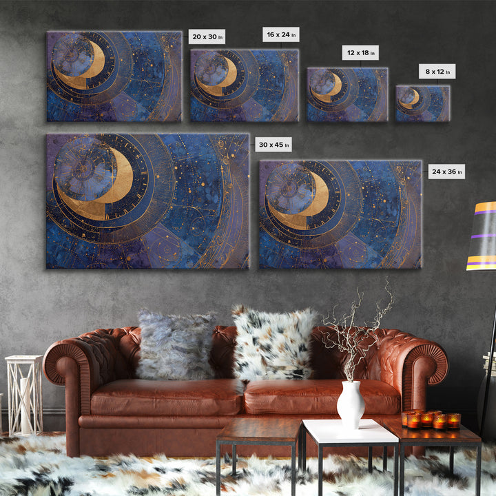 Gold Zodiac Wheel on Deep Midnight Blue Framed Canvas Print, Astrology Art, Astronomy Print, Living Room Decor, Zodiac, AST-3x2-5