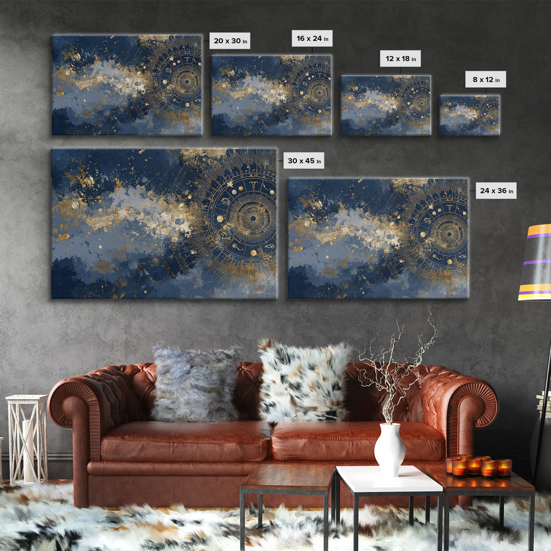 Gold Zodiac Wheel on Deep Midnight Blue Canvas Print, Astrology Art, Neutral Decor, Living Room Decor, Fine Art, Zodiac, AST-3x2-53