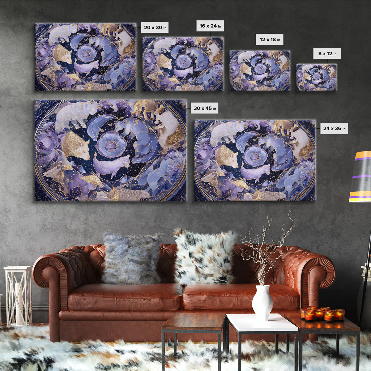 Twelve Zodiac Animals Arranged Framed Canvas Print, Astrology Art, Zodiac Sign Wall Art, Living Room Decor, Oil Painting, AST-3x2-8