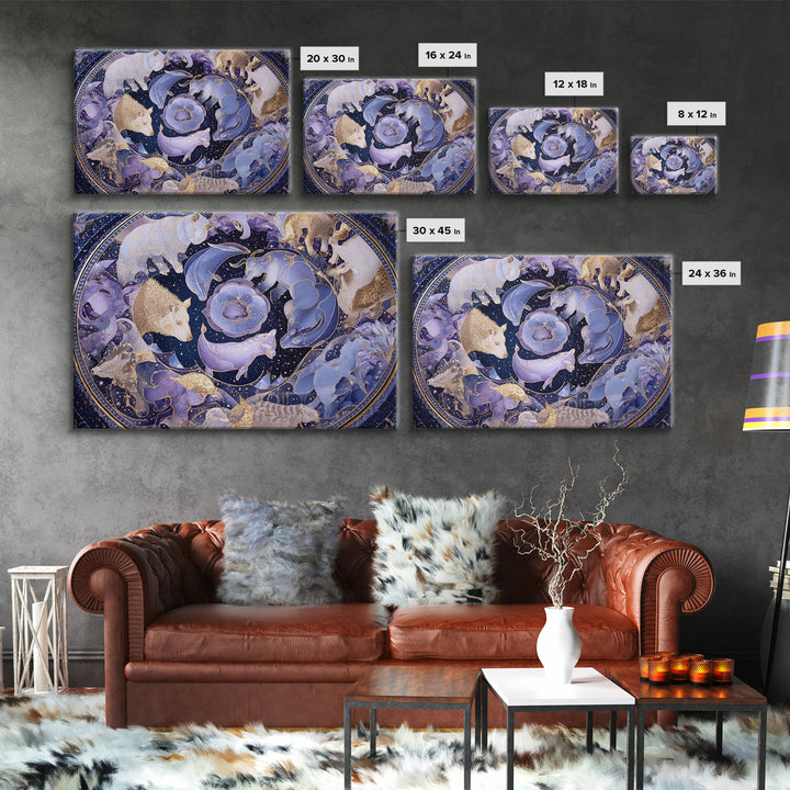 Twelve Zodiac Animals Arranged Framed Canvas Print, Astrology Art, Zodiac Sign Wall Art, Living Room Decor, Oil Painting, AST-3x2-8