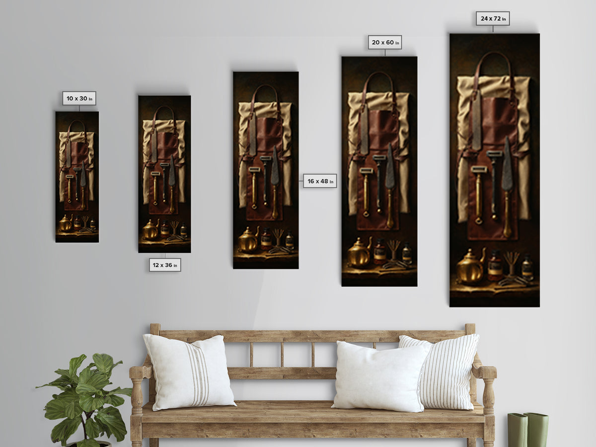 Leather Apron and Brass Tools Still Life Canvas Print, Barbershop Art, African American Art, Barbershop Decor, Grooming, BAA-1x3-10