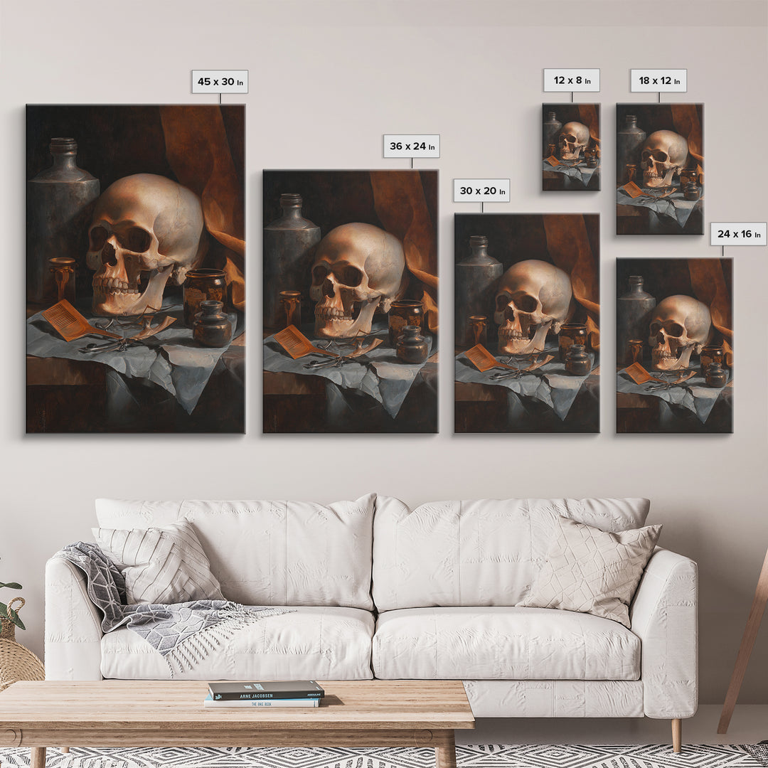 Skull with Comb and Razor in Tattoo Framed Canvas Print, Barbershop Art, Neutral Decor, Barbershop Decor, Abstract Art, BAA-2x3-47
