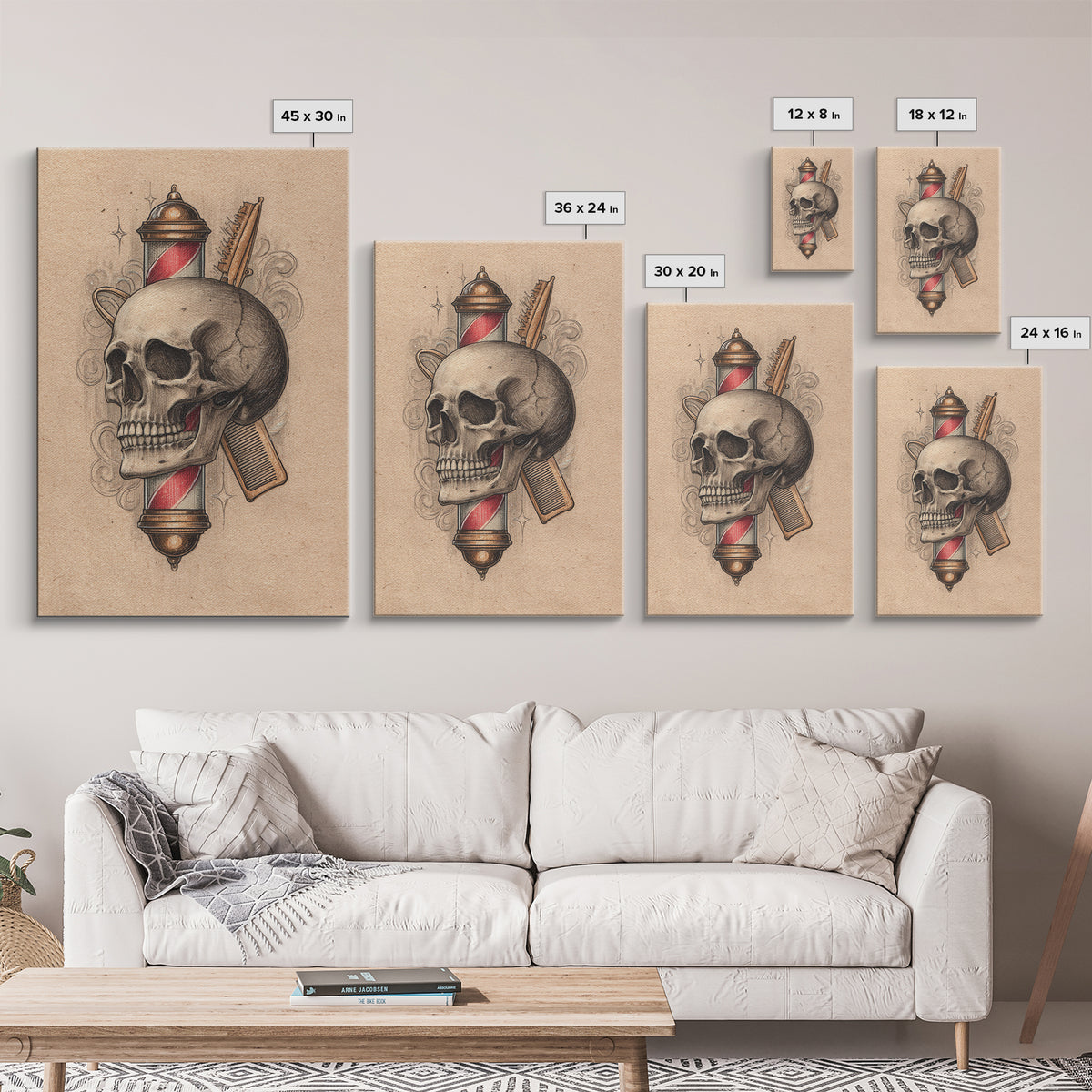 Skull with Comb and Razor in Tattoo Canvas Print, Barbershop Art, Luxury Decor, Barbershop Decor, Fine Art, Grooming, BAA-2x3-71