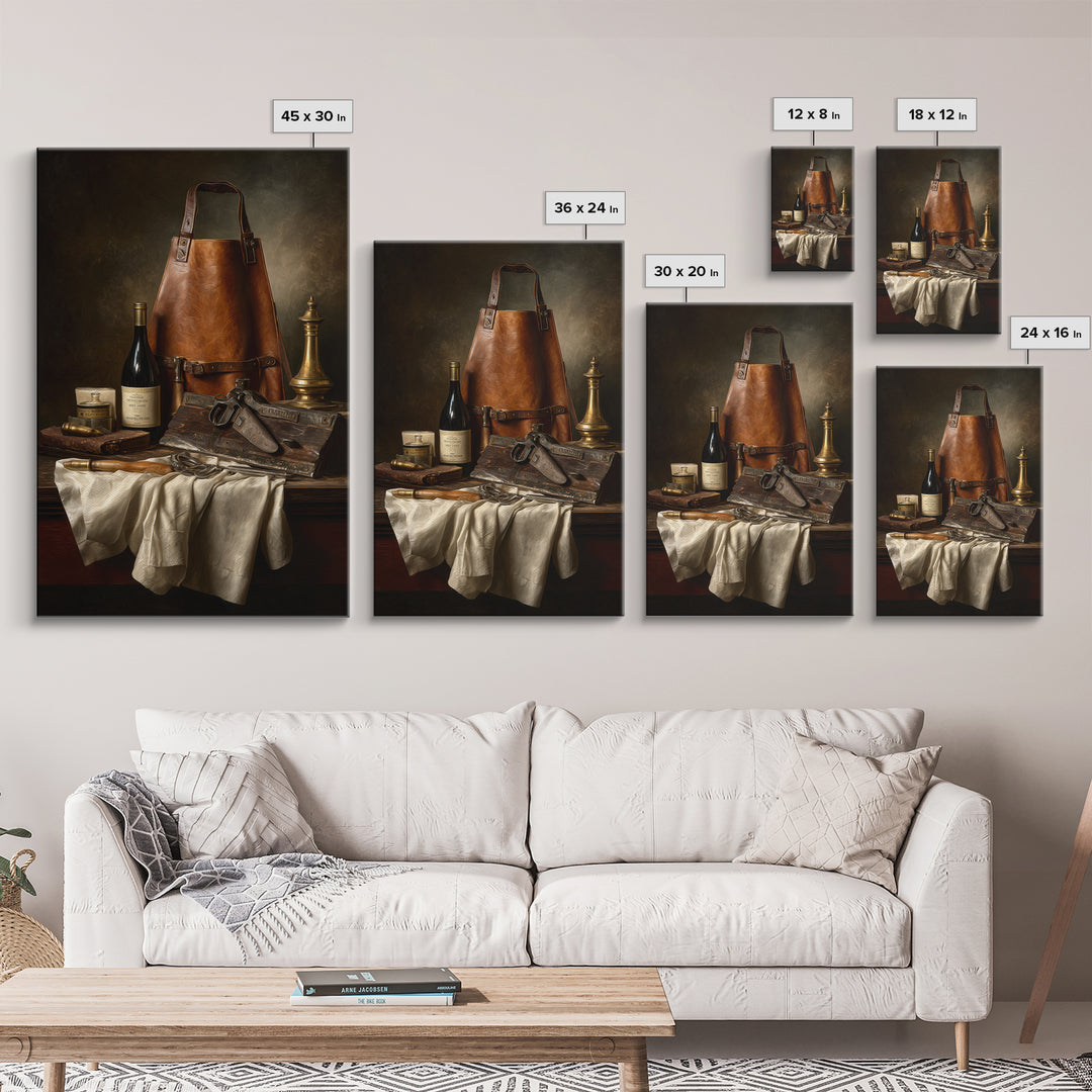Leather Apron and Brass Tools Still Life Framed Canvas Print, Barbershop Art, Minimalist Decor, Barbershop Decor, Grooming, BAA-2x3-78