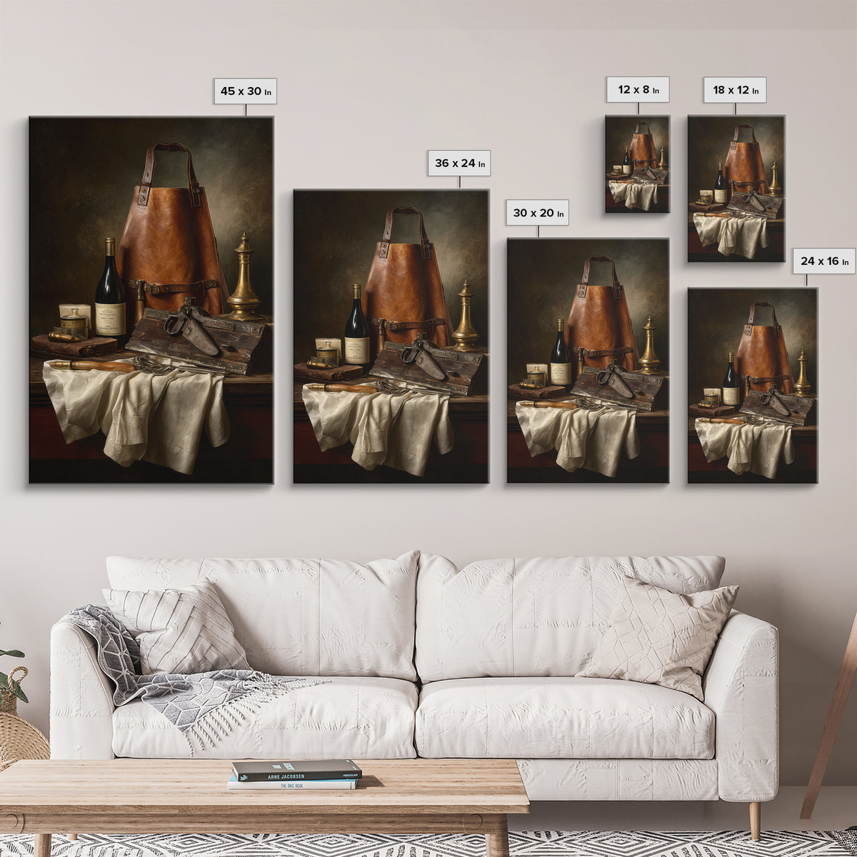 Leather Apron and Brass Tools Still Life Framed Canvas Print, Barbershop Art, Minimalist Decor, Barbershop Decor, Grooming, BAA-2x3-78