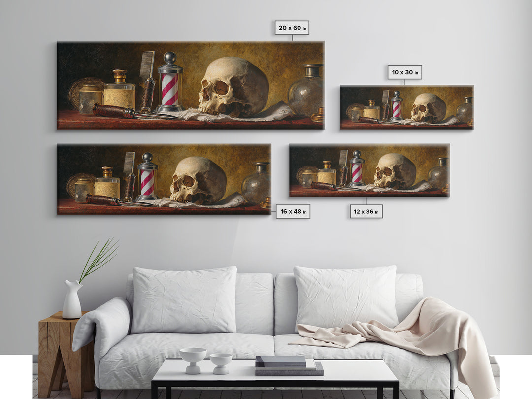 Skull with Comb and Razor in Tattoo Framed Canvas Print, Barbershop Art, Room Decor, Barbershop Decor, Fine Art, Grooming, BAA-3x1-55