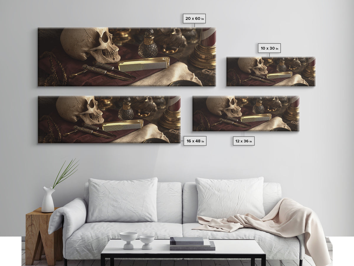 Skull with Comb and Razor in Tattoo Framed Canvas Print, Barbershop Art, Black Art, Barbershop Decor, Oil Painting, Grooming, BAA-3x1-79