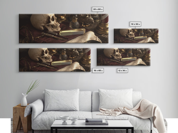 Skull with Comb and Razor in Tattoo Framed Canvas Print, Barbershop Art, Black Art, Barbershop Decor, Oil Painting, Grooming, BAA-3x1-79