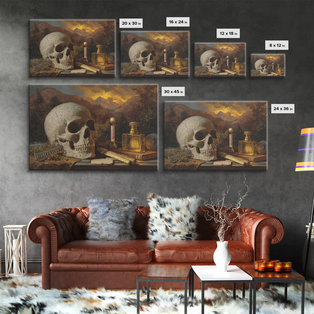 Skull with Comb and Razor in Tattoo Framed Canvas Print, Barbershop Art, Retro Wall Art, Barbershop Decor, Fine Art, Grooming, BAA-3x2-19
