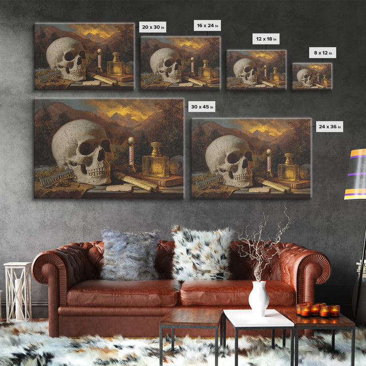 Skull with Comb and Razor in Tattoo Framed Canvas Print, Barbershop Art, Retro Wall Art, Barbershop Decor, Fine Art, Grooming, BAA-3x2-19