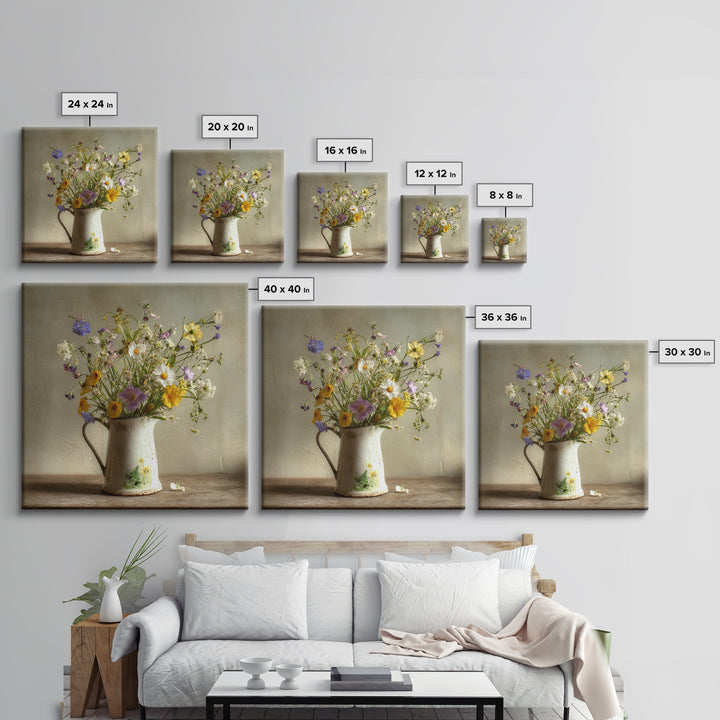 Country Wildflowers in a Chipped Ceramic Pitcher Canvas Print, Bed and Breakfast Art, Modern Decor, Living Room Decor, BAB-1x1-1