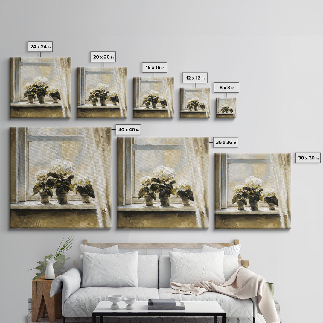 Sunlit Hydrangeas on a Windowsill Canvas Print, Bed and Breakfast Art, Trendy Wall Art, Living Room Decor, Fine Art, BAB-1x1-10