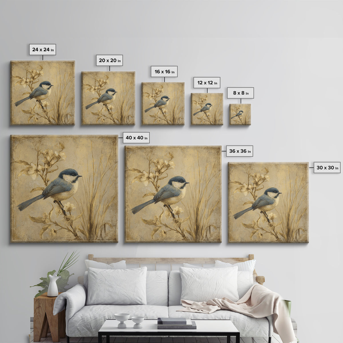 Small Bird on a Flowering Branch Canvas Print, Bed and Breakfast Art, Farmhouse Wall Art, Living Room Decor, Fine Art, BAB-1x1-14