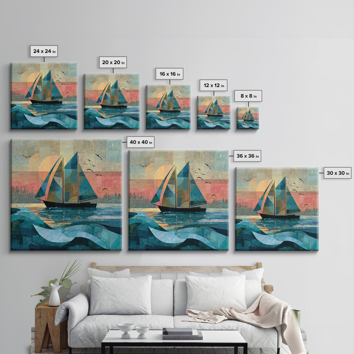 Coastal Inn Sailboat at Sunrise Canvas Print, Bed and Breakfast Art, Gallery Decor, Living Room Decor, Fine Art, BAB-1x1-17