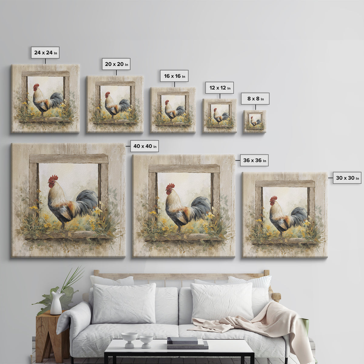 Rooster and Wildflower Country Portrait Canvas Print, Bed and Breakfast Art, Living Room Decor, Fine Art, Folk Art, BAB-1x1-19